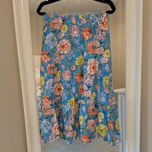 LOFT Blue Floral Midi Skirt with Multi-Color Blooms